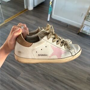 Golden Goose White Sneakers with Pink Star and Gold Details